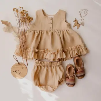 2021 Ljetna haljina za djevojčice Slatko za djecu 0-3 godine cvjetne čipke pamučna suknja Princeza Dječje suknja od konoplja-pamuk s prslukom + Kratke hlače