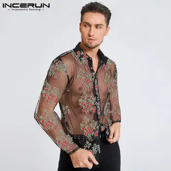 2021 Muška majica s cvjetnog vezom na rever dugi rukav Nadvoji bistra večernje muška odjeća Ulica Seksi majica S-5XL INCERUN