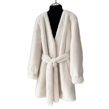 2021 Novi ženski zimski kaput od umjetnog krzna mink s pojasom-šal, debeli slobodan dugim V-neck ovratnik, topli kaput Casaco Feminino
