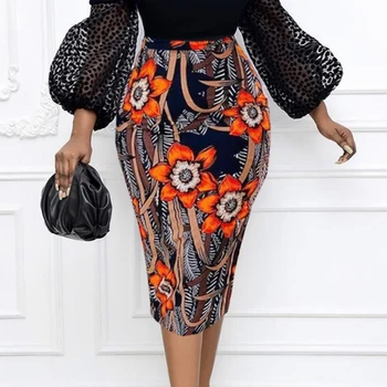 2021 Ženska suknja s cvjetnim ispis, elastične tanke midi suknje sa prorezom, Berba oblikovana office ženske cipele Proljeće Ljeto Elegantne ženske suknje