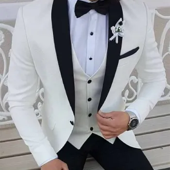 2022 Najnoviji model kaput i hlače Bijele muška odijela Crni šal s lapels Večernje tuxedos Vjenčanje odijela za muškarce Haljinu za prom s hlačama