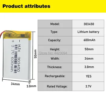 3,7 600 mah 303450 Litij Baterija 3,7 U Litij-polimer Lipo Bateria Za Slušalice sa Daljinskim upravljačem Mini-Kamera led downlight