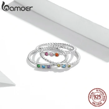 Bamoer Srebro Šareni prsten sa kamenom od čistog Srebra 925 sterling, Tekstura užad, Dizajn, Smještaj za Ljubavno prsten za djevojke, Fin nakit SCR720