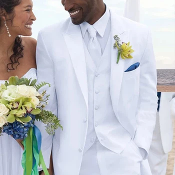 Bijeli Smoking Nevjesta za Vjenčanja 3 kom. Oblikovana Afričke muška odijela s hlačama Muška moda jakna Prsluk Vjenčanje odijevanje 2021
