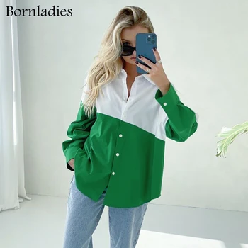 Bornladies Modni majice u patchwork stilu Za žene s dugim rukavima i lapels Ženska bluza s сращиванием Bijelog i zelenog Однобортная vanjska odjeća