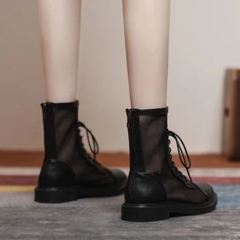 Crne mrežaste čizme Ženske, Novi punk-gotički cipele čizme na platformu Ženske šuplje cipele Martin prozračne Ljetne kratke čizme