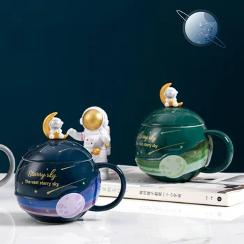 Dječji Keramičke šalice 420 ml Planet Kreativni Poklon Posuđe za piće Svemirska šetnja Slatka Šalica za čaj s vodom s poklopcem Za posuđe Šolja za astronauta