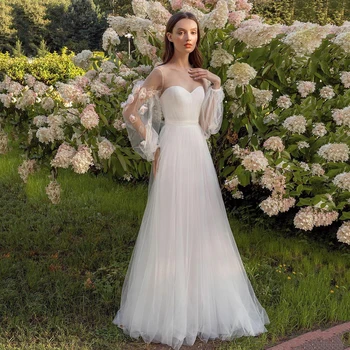 Elegantne vjenčanice s bujnim rukavima linije 2021 Slatka je Bijelu haljinu Za žene Robe De Soirée De Mariage Iluzija Tila Na Red