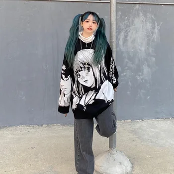 HOUZHOU Harajuku Veste Ženski Anime sa po cijeloj površini Gotički hoodies 2021 Jesen Zima Crna Ženska odjeća Y2k Негабаритная vanjska odjeća
