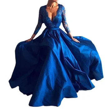 Haljine sa V-izrez i rukavima tri četvrtine Duga čipkan vjenčanicu s vezom i vlak je Elegantan Plus Size 2021 Novu plavu haljinu
