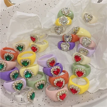 HangZhi 2021 Novi Vintage Šarene Srce Kristalno Rhinestones Smola Akrilno Prsten za djevojčice Donje prsten Korejski modni Nakit
