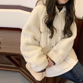 Japanski minimalizam Ženska pamučna ватная jakna dugih rukava od ovčje vune u patchwork stilu s ovratnikom s kapuljačom Monotono slobodna zimska jakna утолщенная