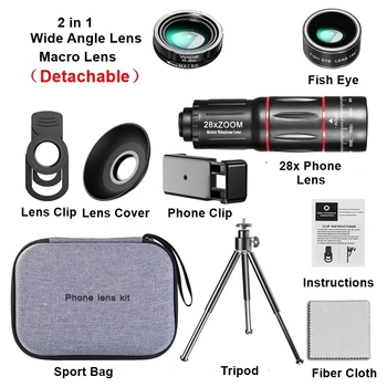 Kit objektiva za mobilni telefon 28X HD Teleskop sa Zoom makro objektiv Za iPhone Samsung Smartphone Skladište Fish Eye Lente Para Celular