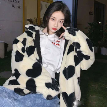 Korejski zimsko moderan kaput Harajuku Krave po cijeloj površini Slobodna jakna s dugim rukavima i po cijeloj površini srca Vintage фланелевая toplo хлопковая ženska odjeća