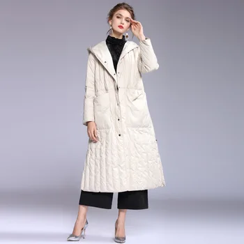 Luksuzni ženski pero kaput s kapuljačom miegofce 2019 zimska odjeća svakodnevne tople jakne najboljih brandova plus size bijela dugi tanki