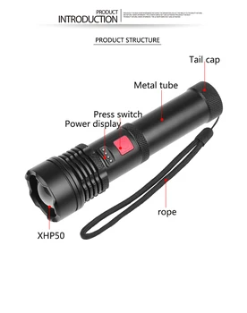 Moćna LED Tactical Flashlight USB Punjiva Bljeskalica 5 Načina XHP50 Teleskopski Zoom Baklja Kamp Lov Bljesak Svjetlosti