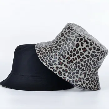 Nova umjetna koža kantu šešir obostrane umjetna leoparda i pamuka puna kapa ljetna ženska moda Panama Ribar kapa