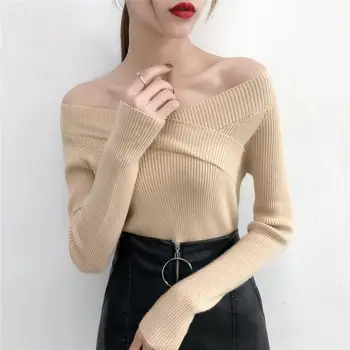 Nove akvizicije ženske Seksualne pleteni puloveri s otvorenim ramenima Veste 2019 Jesen zima dugih rukava Ženske pletene majice, ženske