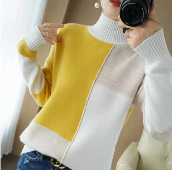 Novi kašmir džemper za žene s visokim воротом, pogodan u boji pulover od čiste vune, Trendi plus veličina, tople pletene spustu