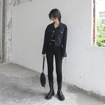 Osnovne jakne Ženske Vintage ulični slobodni crnci skraćeni traper jakne s dugim rukavima i lapels Jesen gothic punk-djevojke