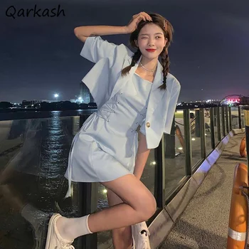 Setovi za žene Slatki tunica Korejski monotone mini haljinu s зазубренным temperamentom Ljetna moda na jedan preklopni Cool sportska jakna Ženska odjeća