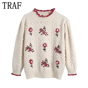 TRAF Za Vezeni pletene džemper Ženski Zima 2021 Cvjetni skraćene džemper Ženski pulover Cottagecore Starinski Božićni Vezeni