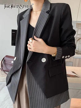 TWOTWINSTYLE Kolaž blazers s obojene blokove za žene s nazubljenom ovratnikom i dugim rukavima Izravan blazer Ženski Modni Stil odijevanja Novi