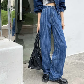 Vanjska odjeća u vertikalne trake Široke hlače Korejski trendy Ženske traperice s visokim strukom Svakodnevne izravne široke hlače Y2K Traper hlače