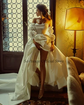 Vjenčanica Sevintage s blagim mrlja 2021 Jednostavna vjenčanica trapeznog oblika, Bez naramenica i s bujnim rukavima vjenčanicu Princeze na red