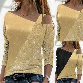 Zlatni Blok Boje Šivanje Šljokice Sjajna košulje Za žene s otvorenim ramenima Sling Top Majica 2022 Proljeće i Jesen Kose ovratnik Uredski pulover