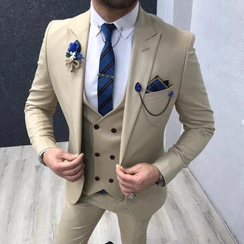 Šivani po mjeri Krem muška odijela Slim Fit od 3 predmeta za Vjenčanje 2021 s oštrim lapels Tuxedos za mladoženju Muška jakna Prsluk, Hlače Trajes De Hombre