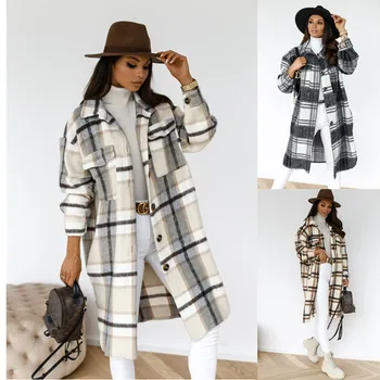 Ženska jakna Zimski kaput u kavez Toplo checkered dugi kaput velike veličine od guste pamučne mješavine Ženski ulični Modna odjeća ženska odjeća
