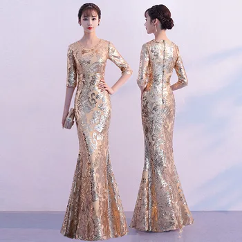 Банкетное večernja haljina Duga Stil 2020 Nova proljetna moda Elegantne haljine sa šljokicama Zlato Pola Vrećice O-izrez trapeza